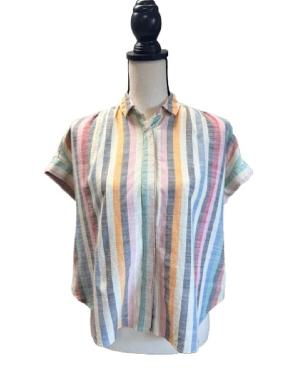 Madewell Rainbow Stripe Linen Blend Hilltop Button Shirt XS Pastel Short Sleeve - Picture 3 of 6